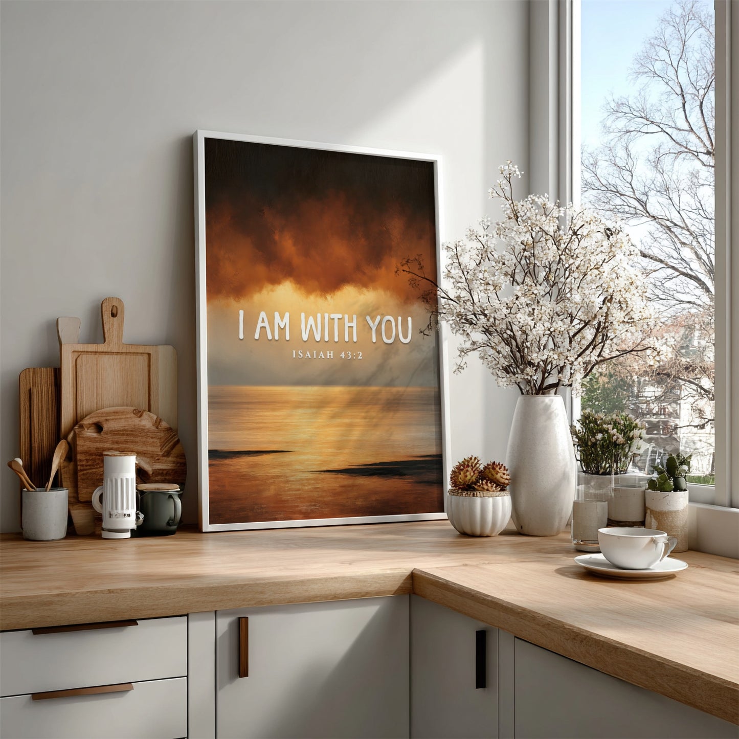 Inspirational verse poster featuring warm colors and serene design, based on Isaiah 43:2.