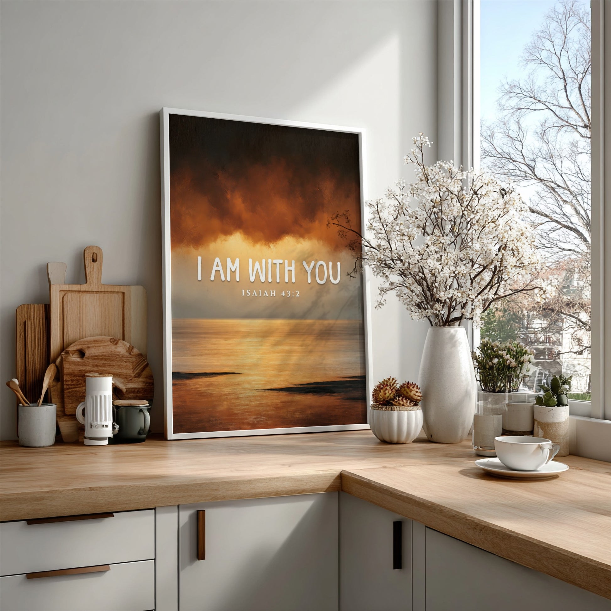 Inspirational verse poster featuring warm colors and serene design, based on Isaiah 43:2.