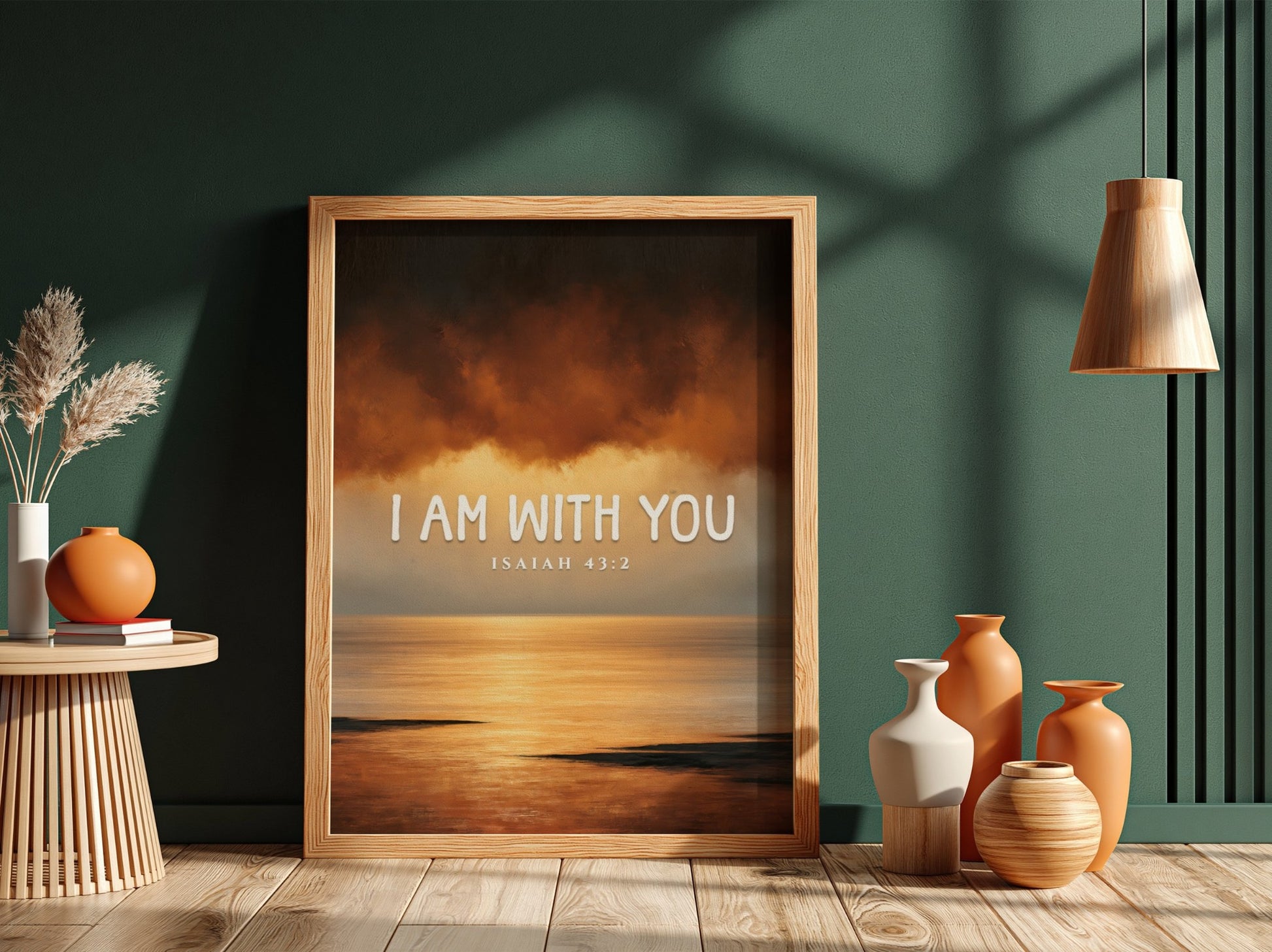 Inspirational verse poster featuring warm colors and serene design, based on Isaiah 43:2.