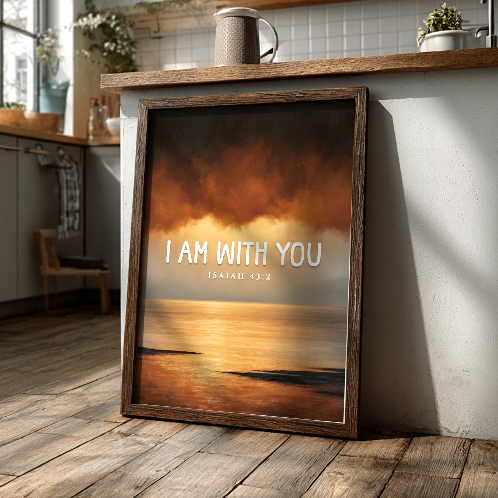 Inspirational verse poster featuring warm colors and serene design, based on Isaiah 43:2.