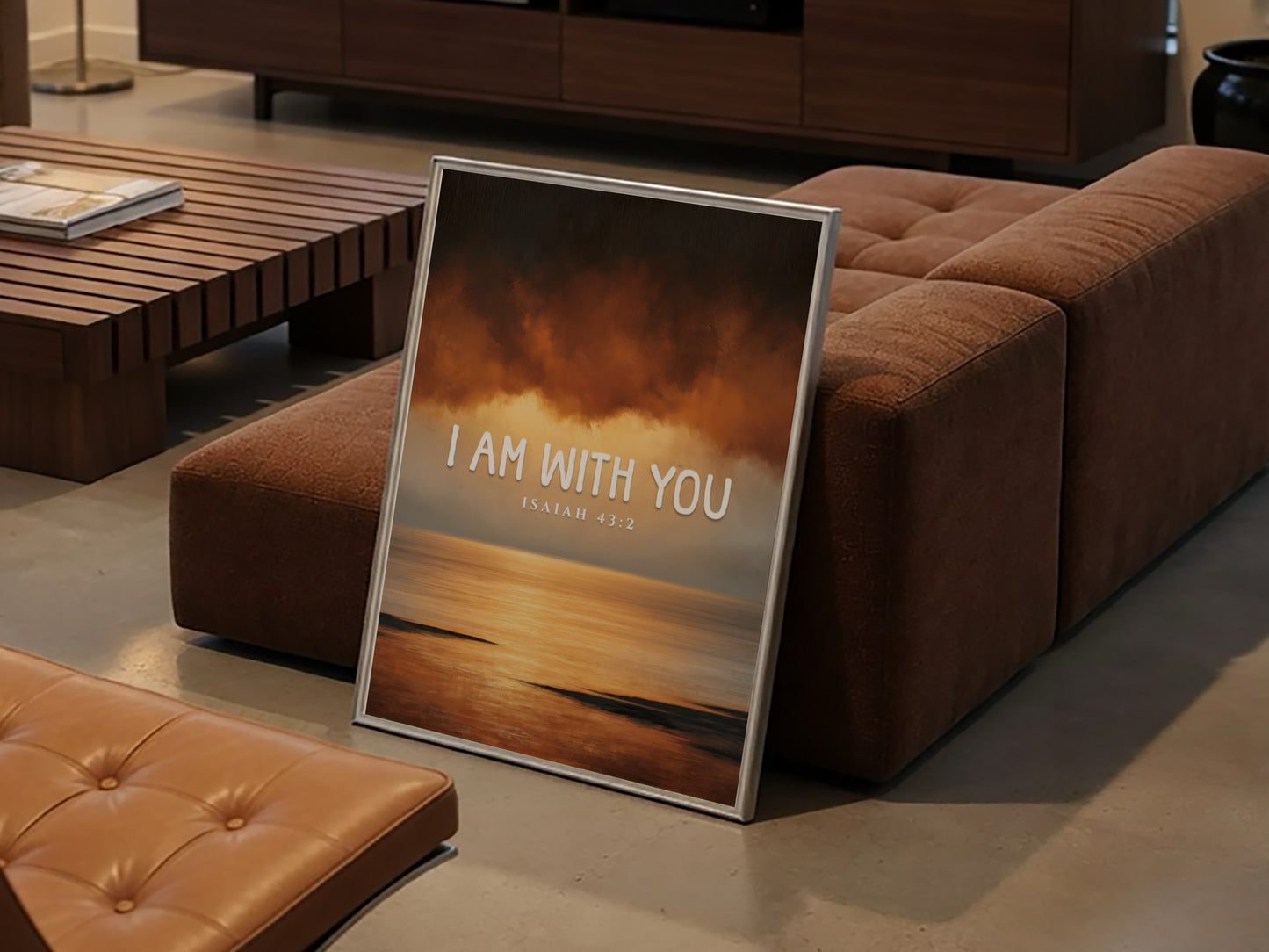Inspirational verse poster featuring warm colors and serene design, based on Isaiah 43:2.