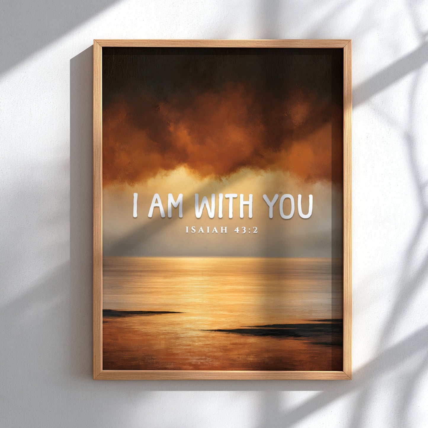 Inspirational verse poster featuring warm colors and serene design, based on Isaiah 43:2.