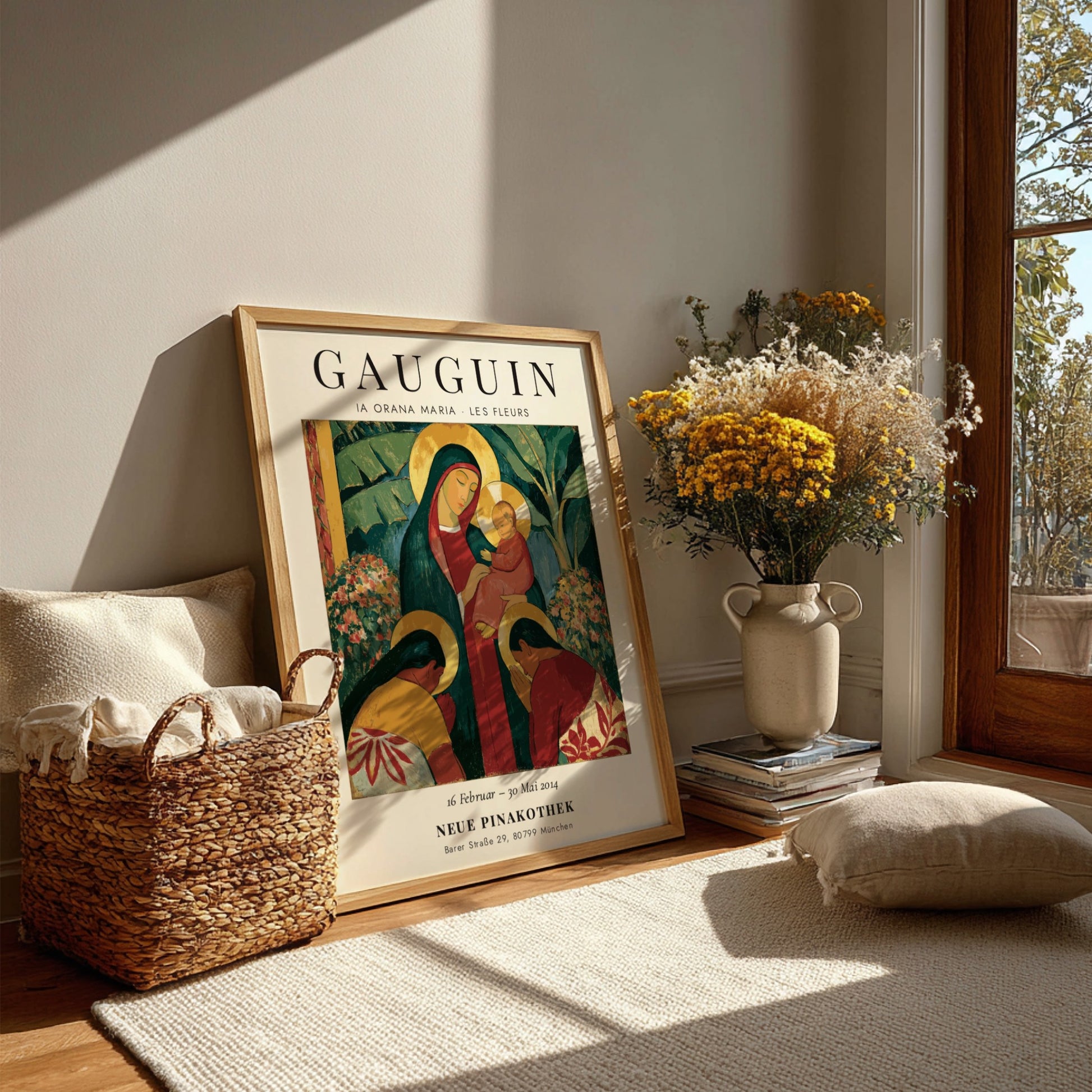 Gauguin exhibition poster featuring Ia Orana Maria with vibrant colors and expressive style
