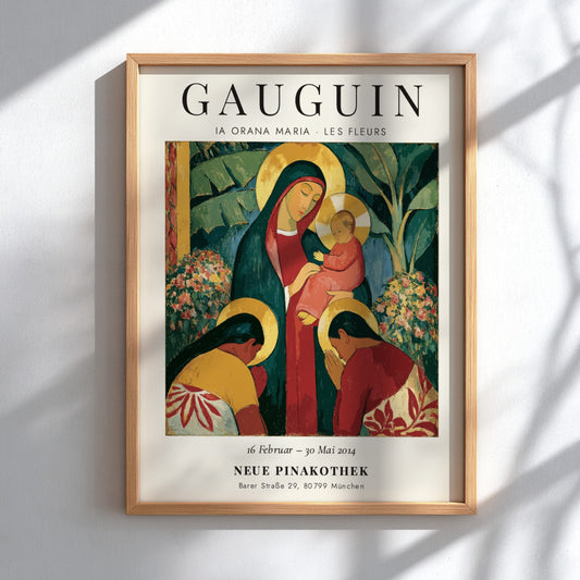 Gauguin exhibition poster featuring Ia Orana Maria with vibrant colors and expressive style