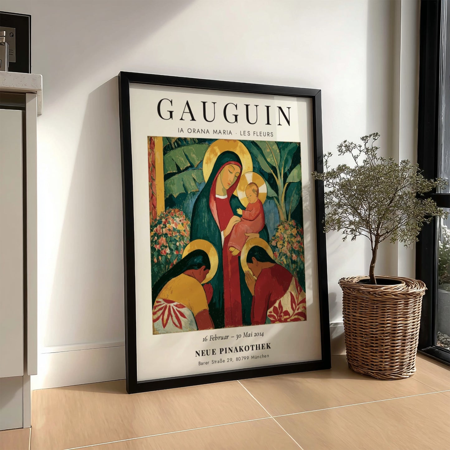 Gauguin exhibition poster featuring Ia Orana Maria with vibrant colors and expressive style