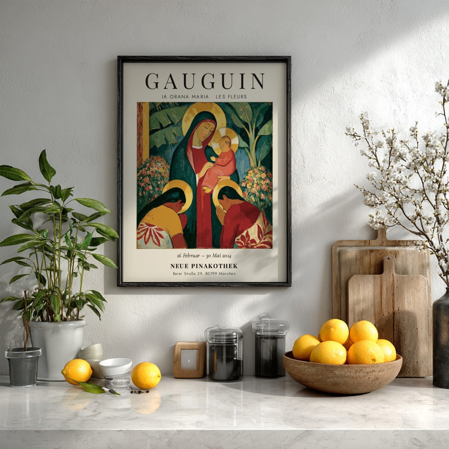 Gauguin exhibition poster featuring Ia Orana Maria with vibrant colors and expressive style