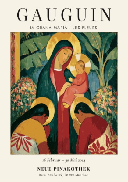 Gauguin exhibition poster featuring Ia Orana Maria with vibrant colors and expressive style