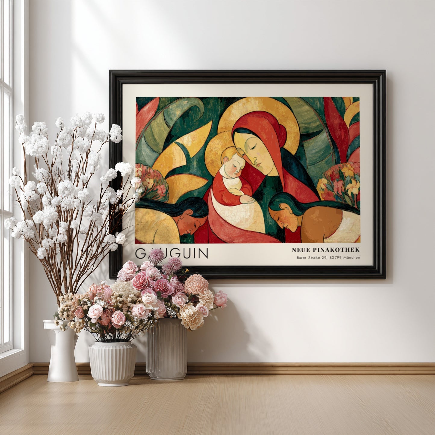 Wall art poster featuring Gauguin Ia Orana Maria painting in a wooden frame.