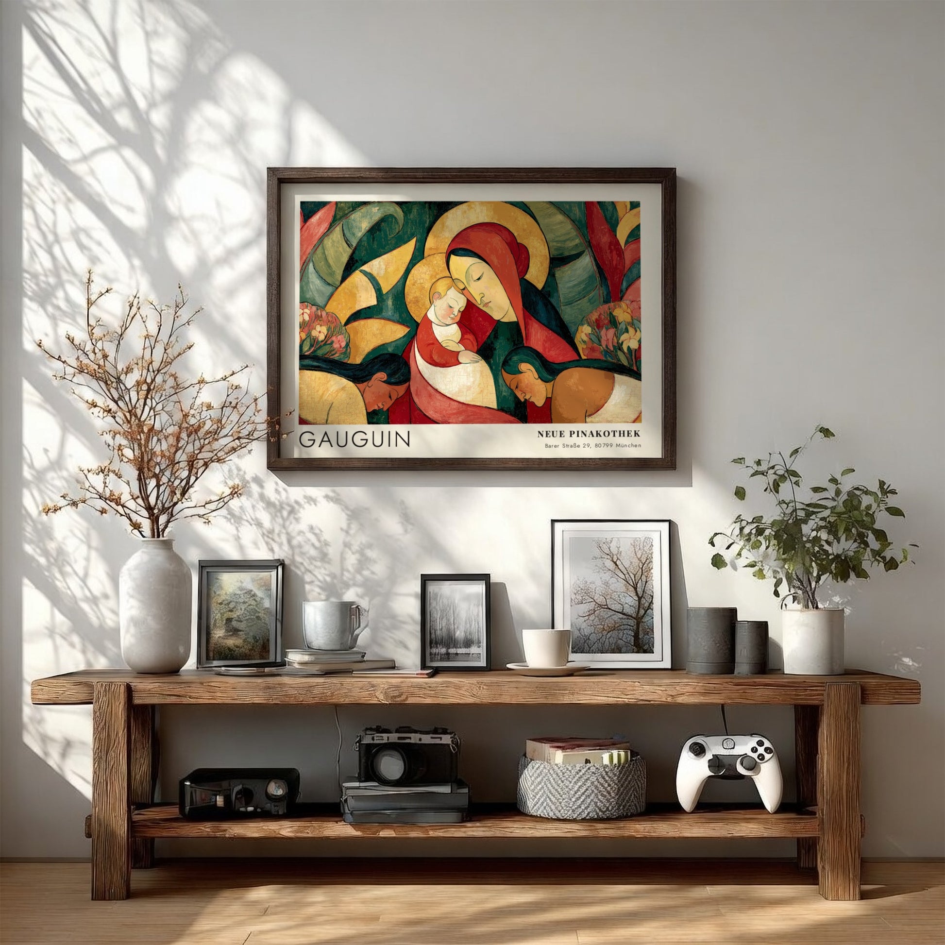 Wall art poster featuring Gauguin Ia Orana Maria painting in a wooden frame.
