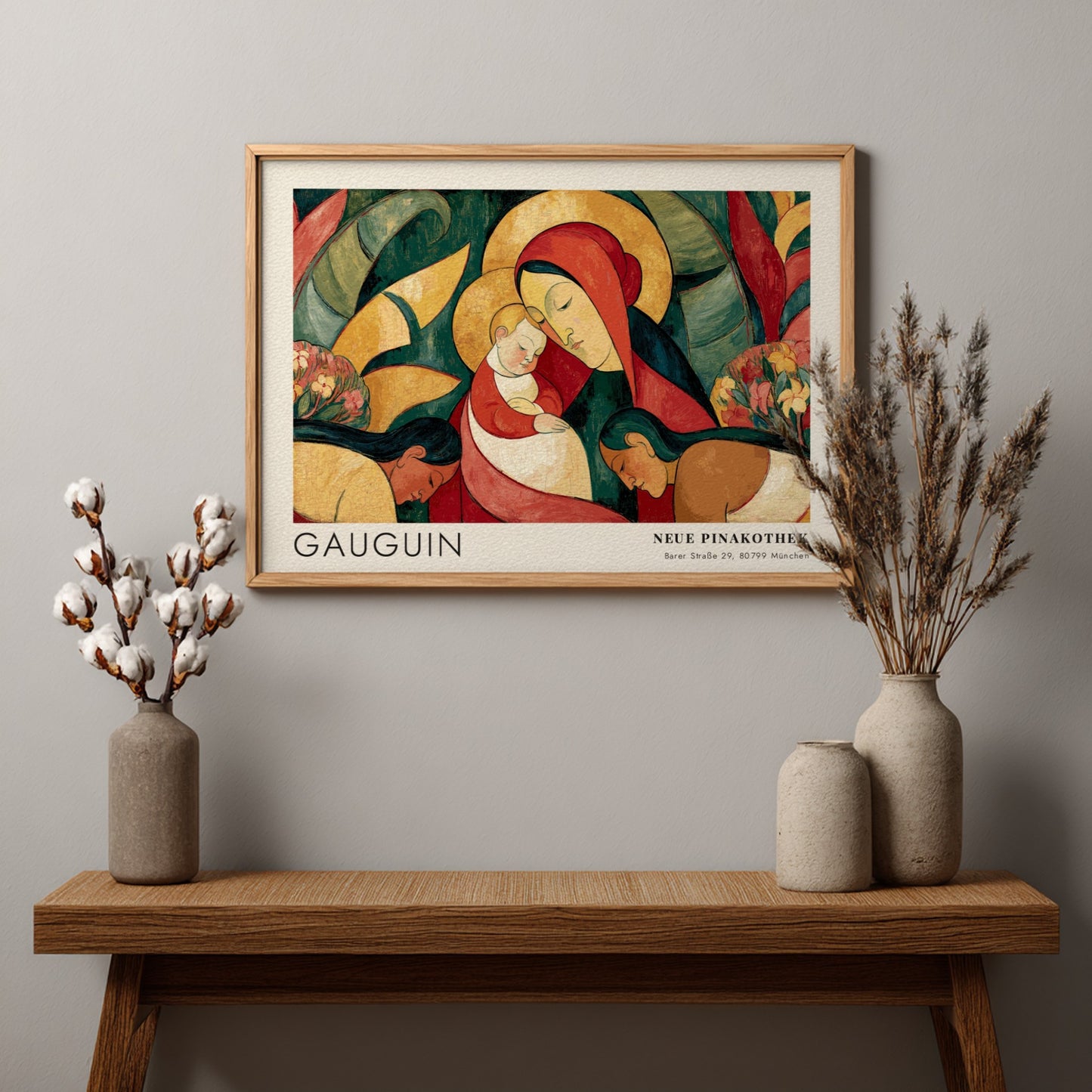 Wall art poster featuring Gauguin Ia Orana Maria painting in a wooden frame.