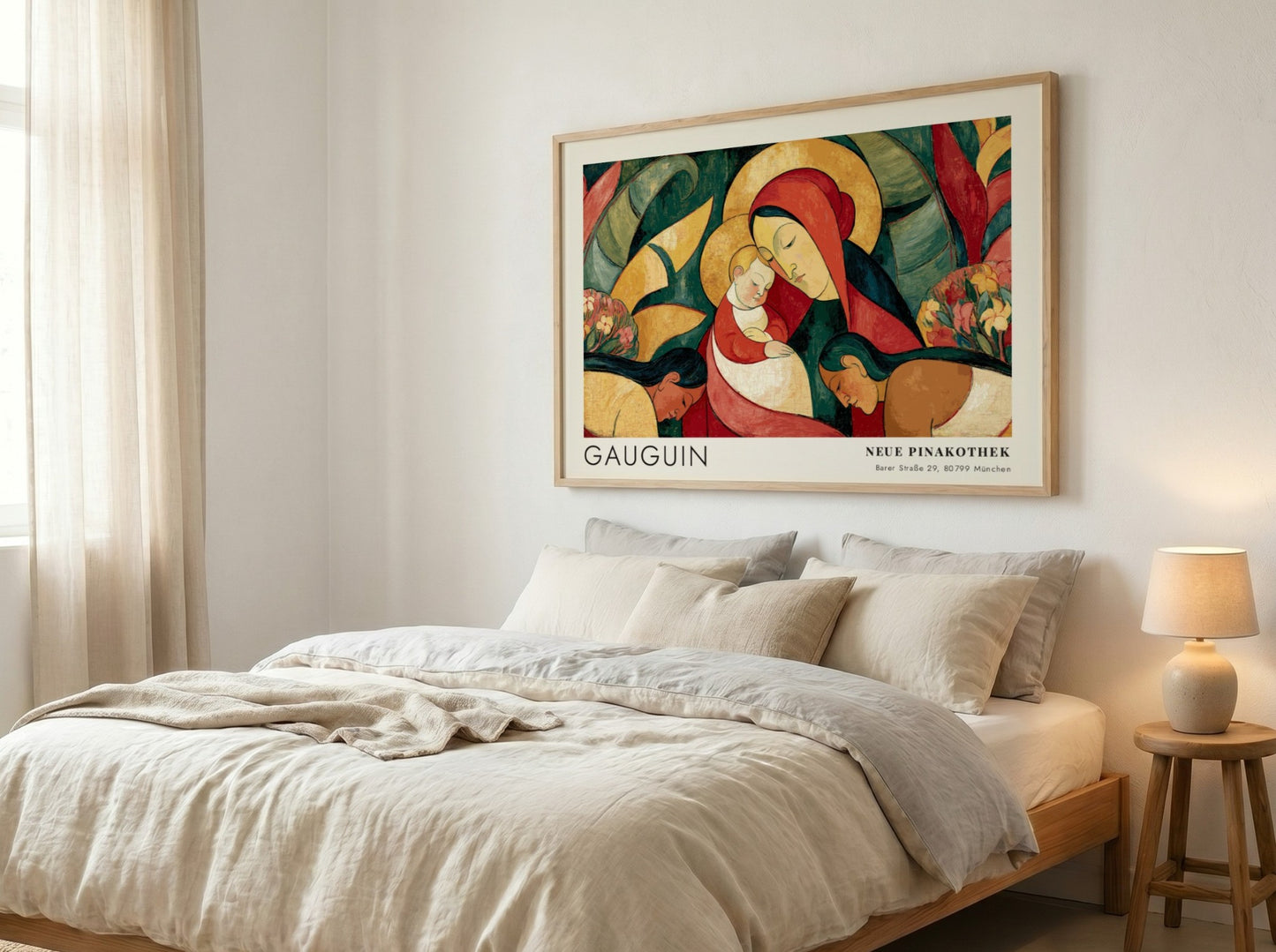 Wall art poster featuring Gauguin Ia Orana Maria painting in a wooden frame.