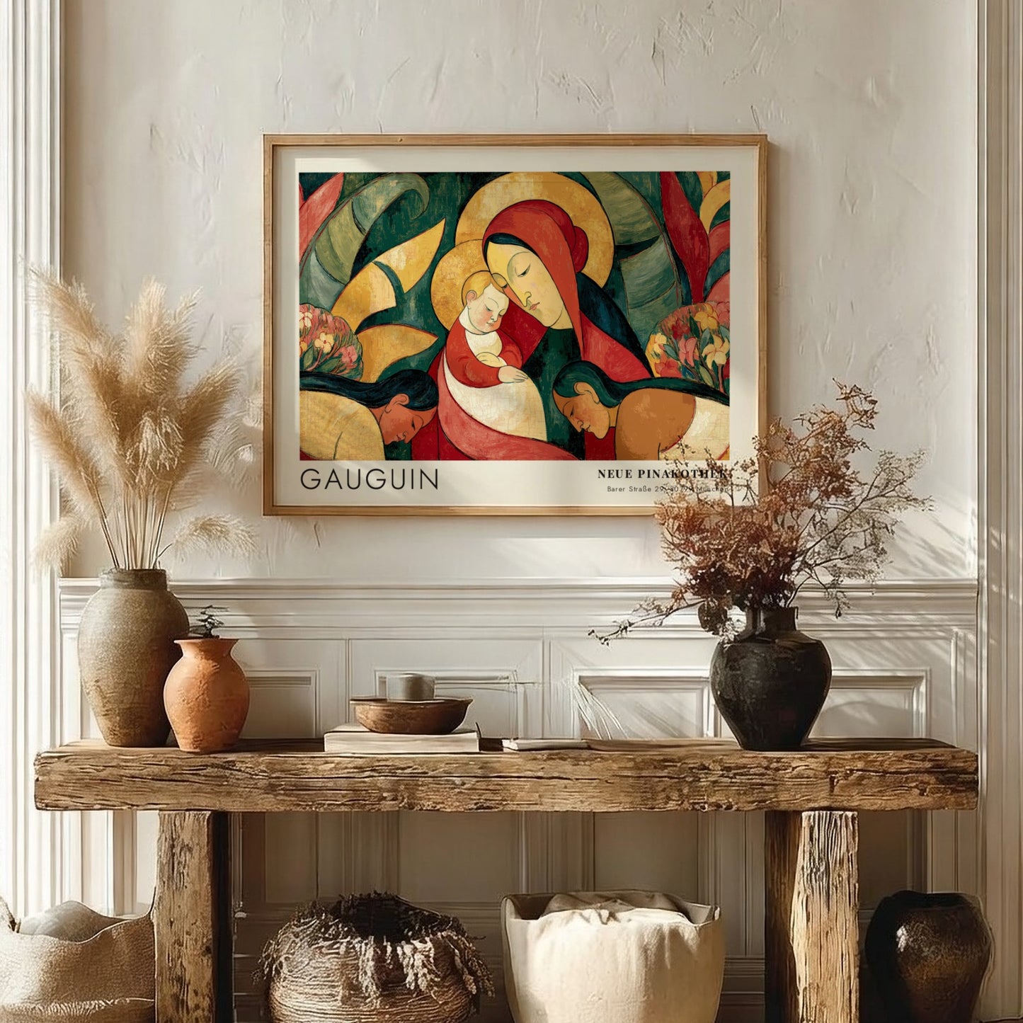 Wall art poster featuring Gauguin Ia Orana Maria painting in a wooden frame.