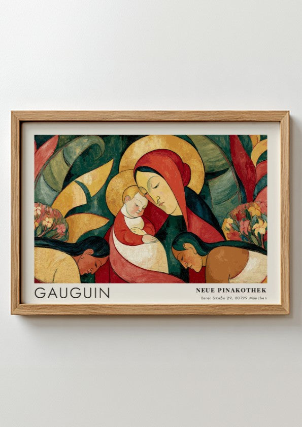 Wall art poster featuring Gauguin Ia Orana Maria painting in a wooden frame.