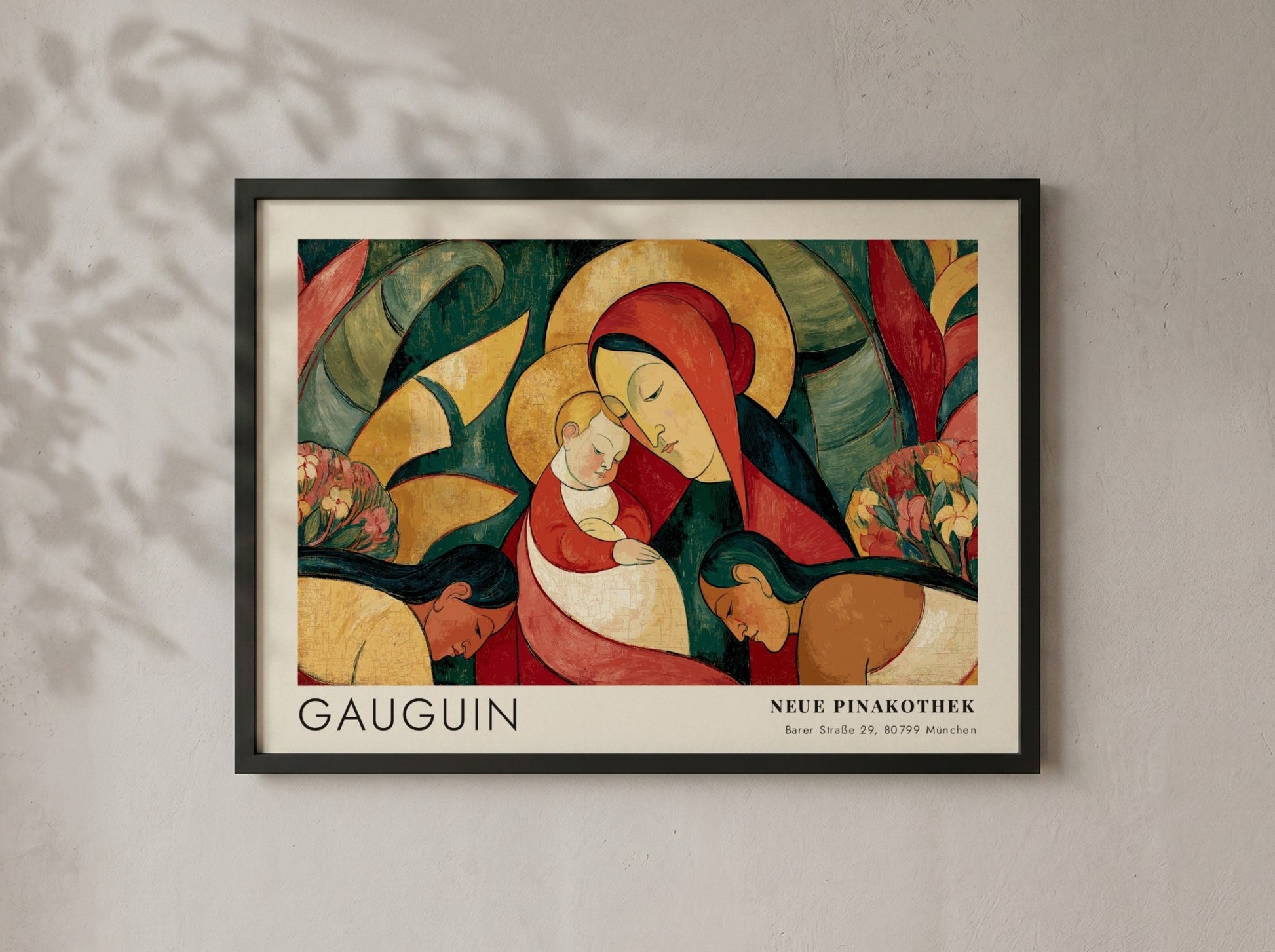 Wall art poster featuring Gauguin Ia Orana Maria painting in a wooden frame.
