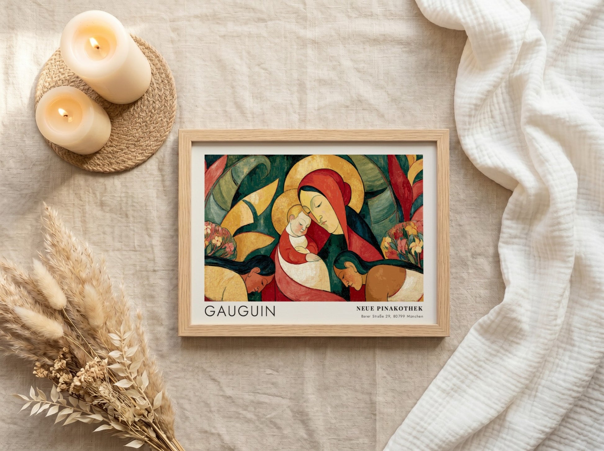 Wall art poster featuring Gauguin Ia Orana Maria painting in a wooden frame.
