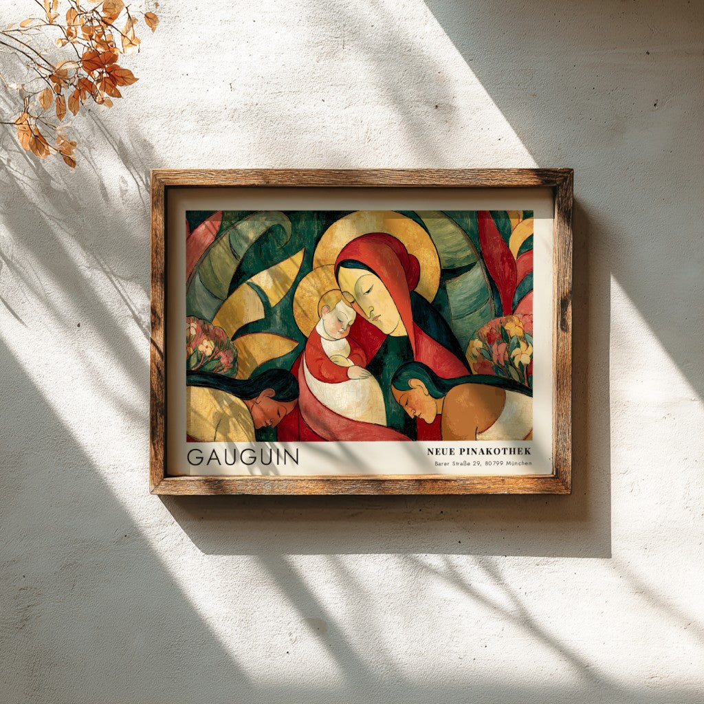 Wall art poster featuring Gauguin Ia Orana Maria painting in a wooden frame.