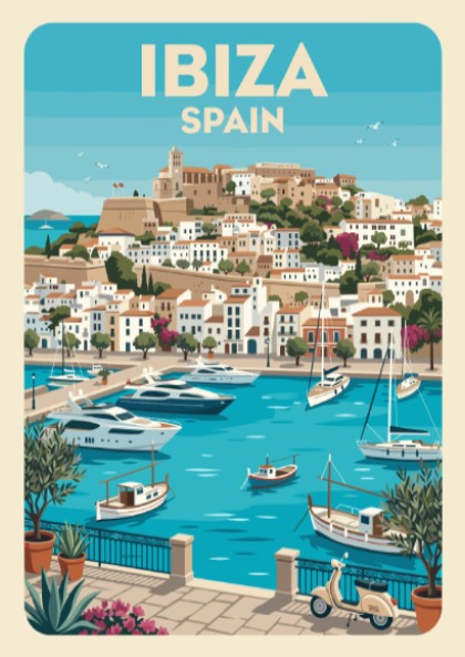 Ibiza Spain travel poster featuring a Mediterranean harbour with yachts and hillside buildings