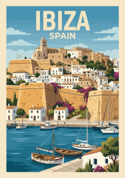 Poster of Ibiza Spain featuring a historic hilltop town, harbor boats, and cliffs.