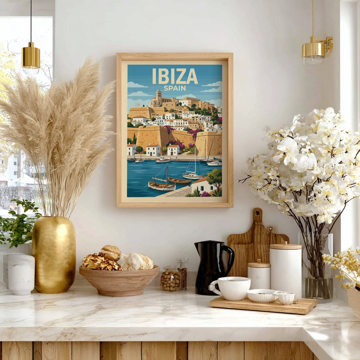 Poster of Ibiza Spain featuring a historic hilltop town, harbor boats, and cliffs.