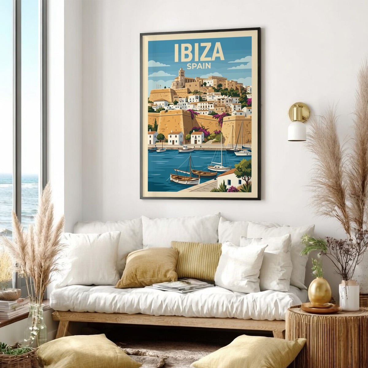 Poster of Ibiza Spain featuring a historic hilltop town, harbor boats, and cliffs.