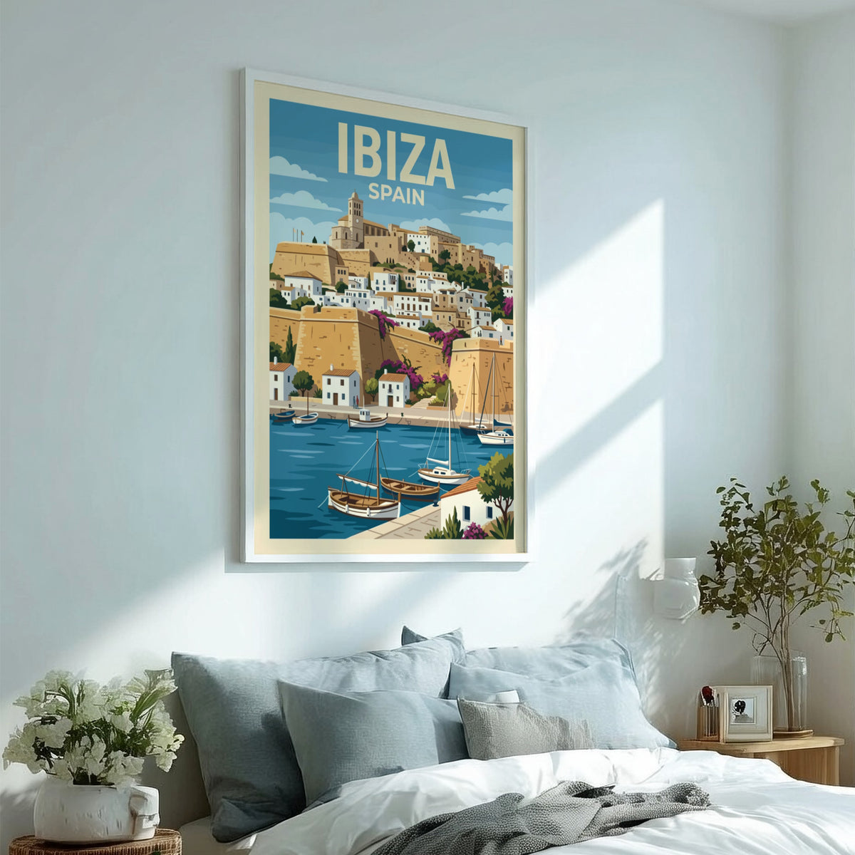 Poster of Ibiza Spain featuring a historic hilltop town, harbor boats, and cliffs.