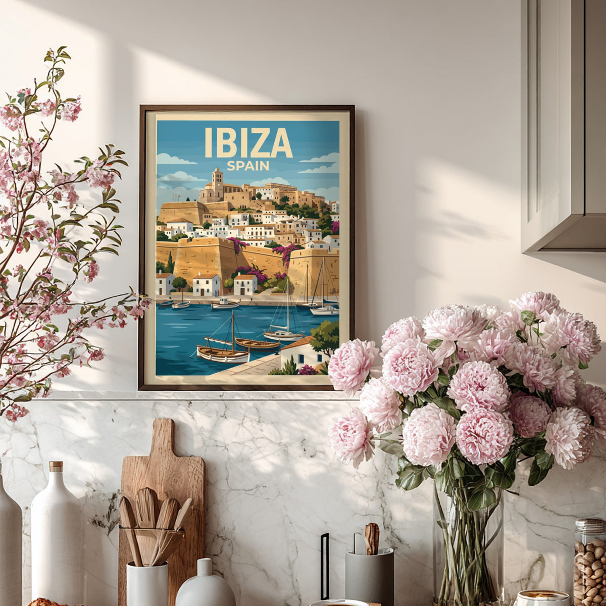 Poster of Ibiza Spain featuring a historic hilltop town, harbor boats, and cliffs.