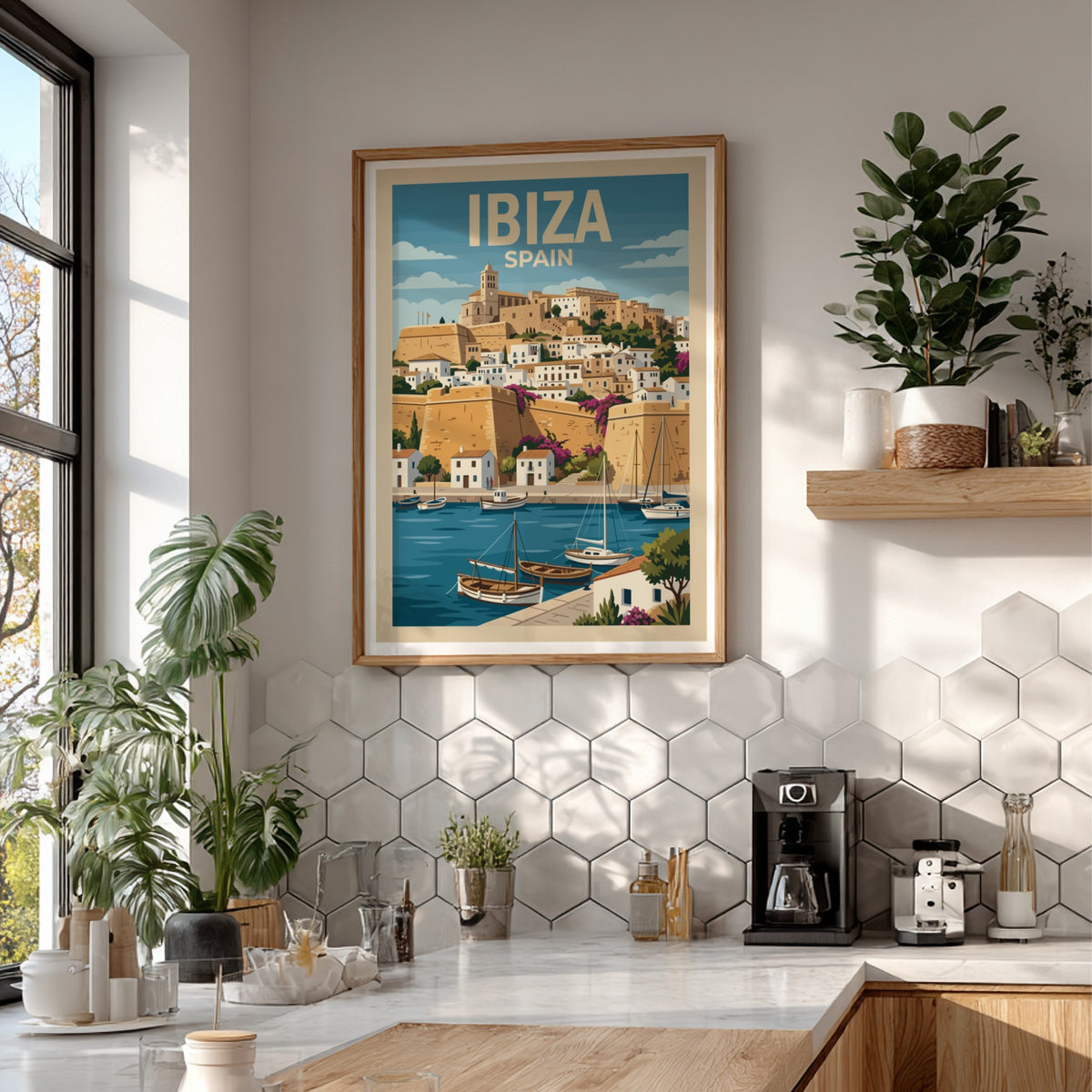 Poster of Ibiza Spain featuring a historic hilltop town, harbor boats, and cliffs.