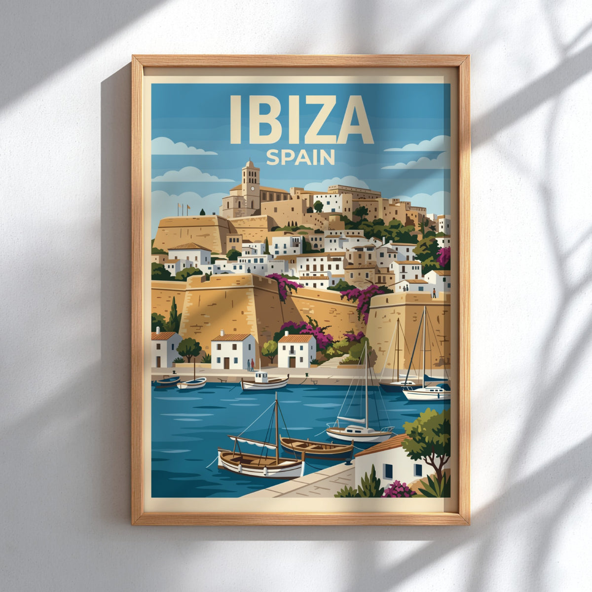 Poster of Ibiza Spain featuring a historic hilltop town, harbor boats, and cliffs.