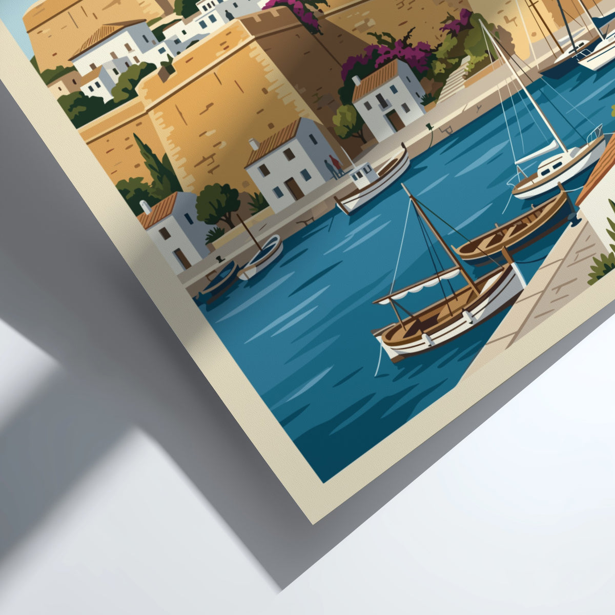Poster of Ibiza Spain featuring a historic hilltop town, harbor boats, and cliffs.