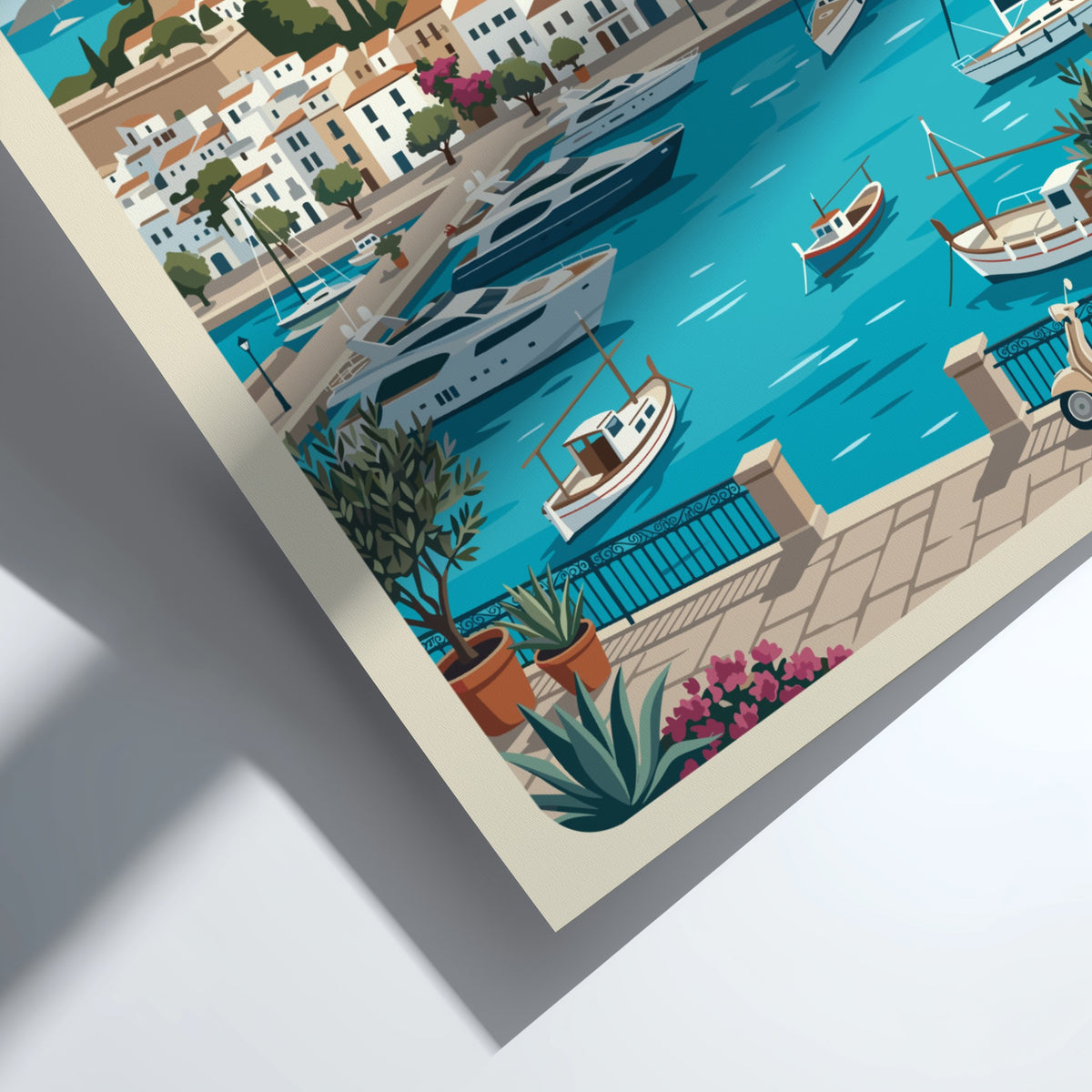 Ibiza Spain travel poster featuring a Mediterranean harbour with yachts and hillside buildings
