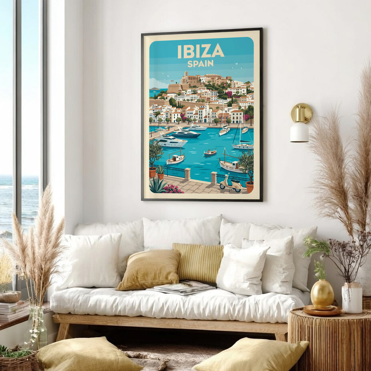 Ibiza Spain travel poster featuring a Mediterranean harbour with yachts and hillside buildings
