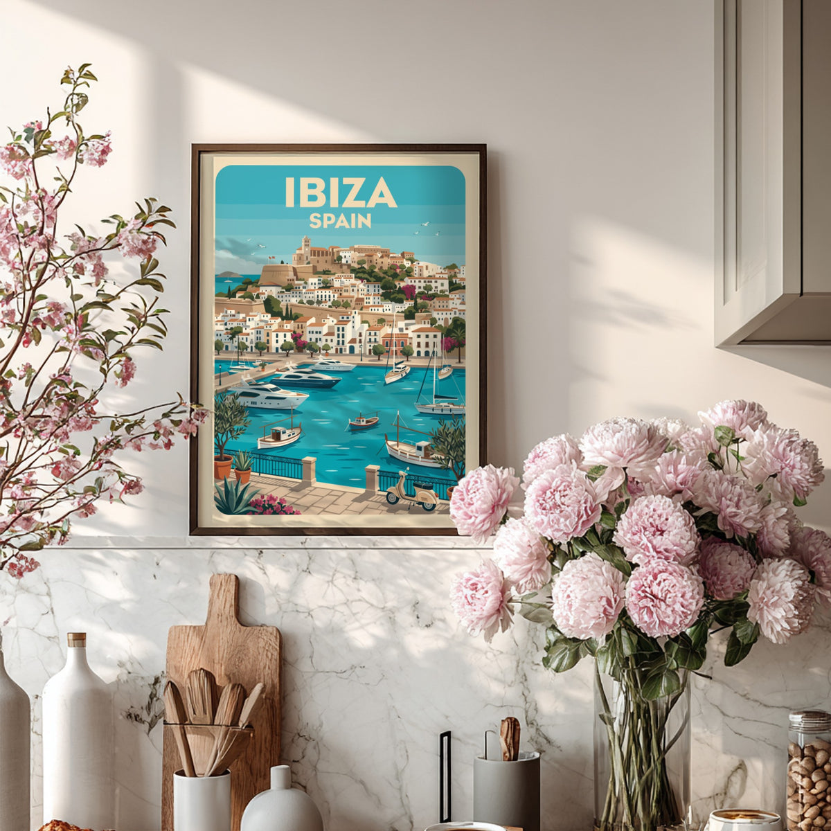 Ibiza Spain travel poster featuring a Mediterranean harbour with yachts and hillside buildings