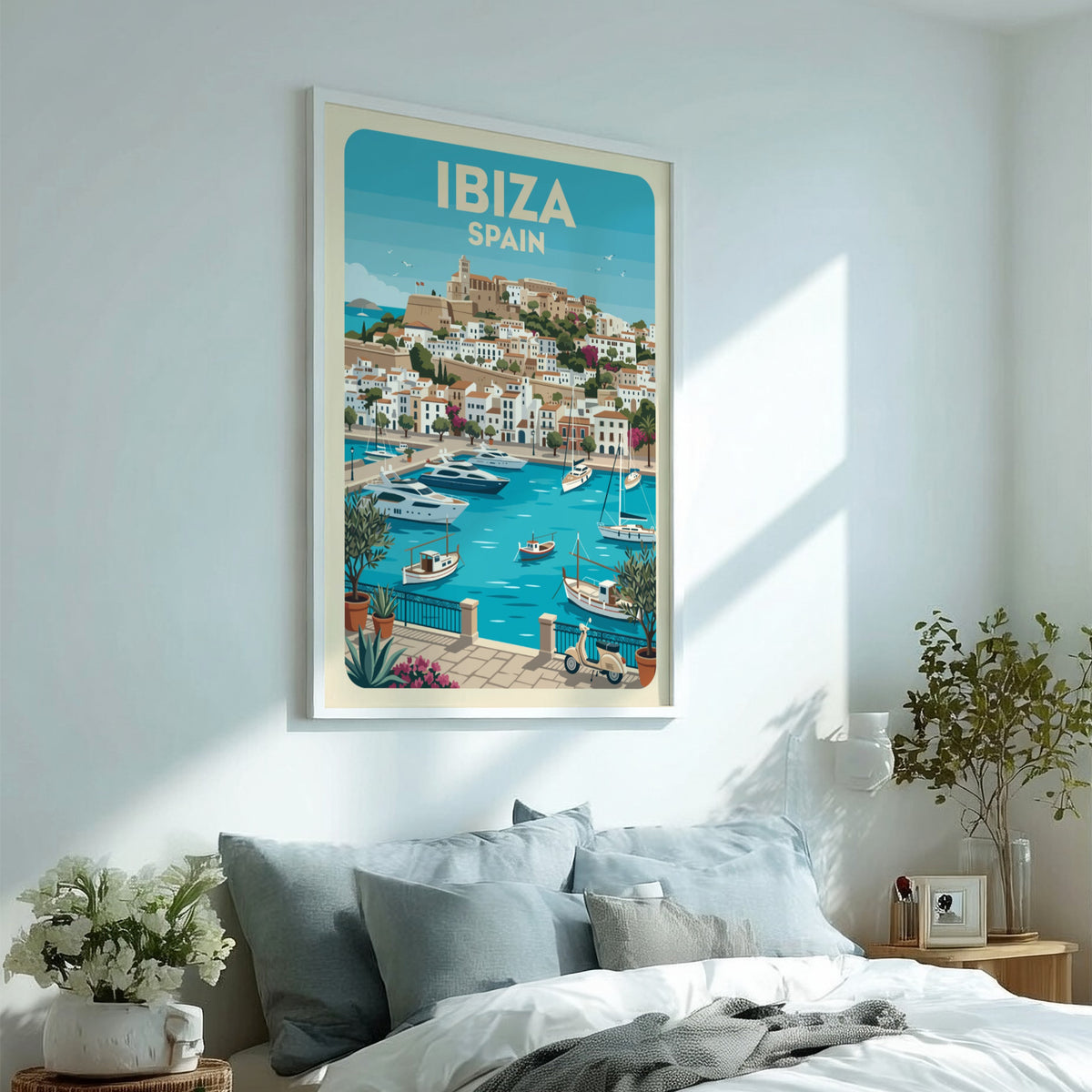 Ibiza Spain travel poster featuring a Mediterranean harbour with yachts and hillside buildings