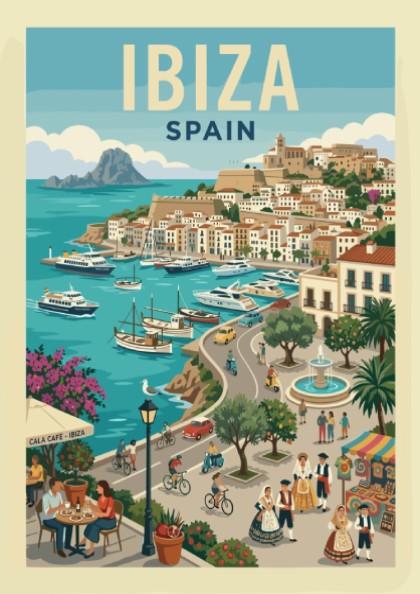 Ibiza Spain travel poster featuring a coastal town with boats and buildings. Vintage style.