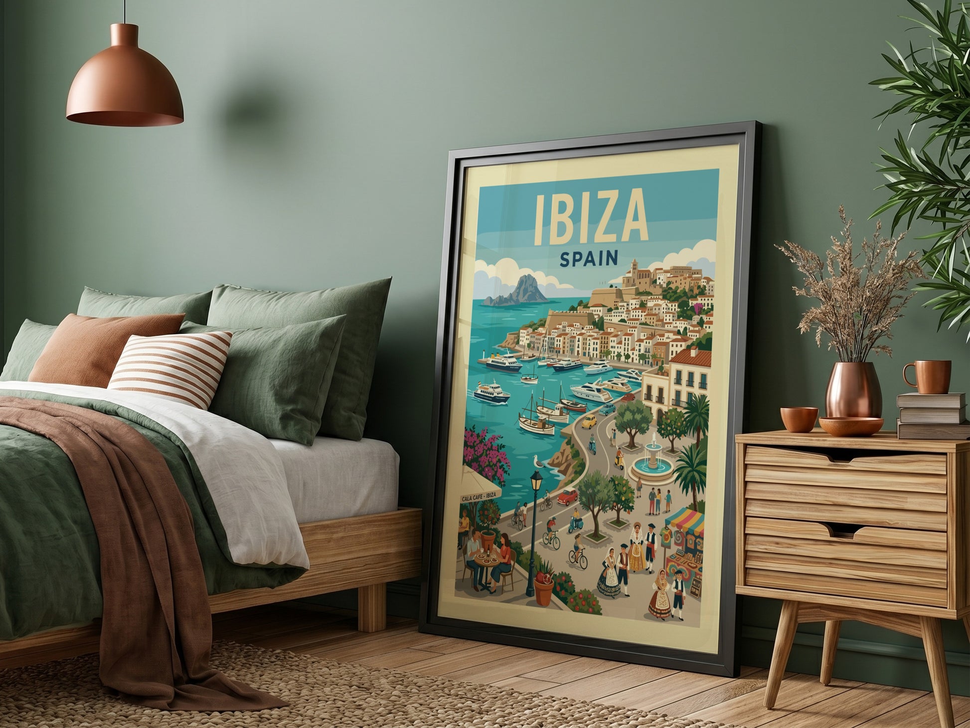 Ibiza Spain travel poster featuring a coastal town with boats and buildings. Vintage style.