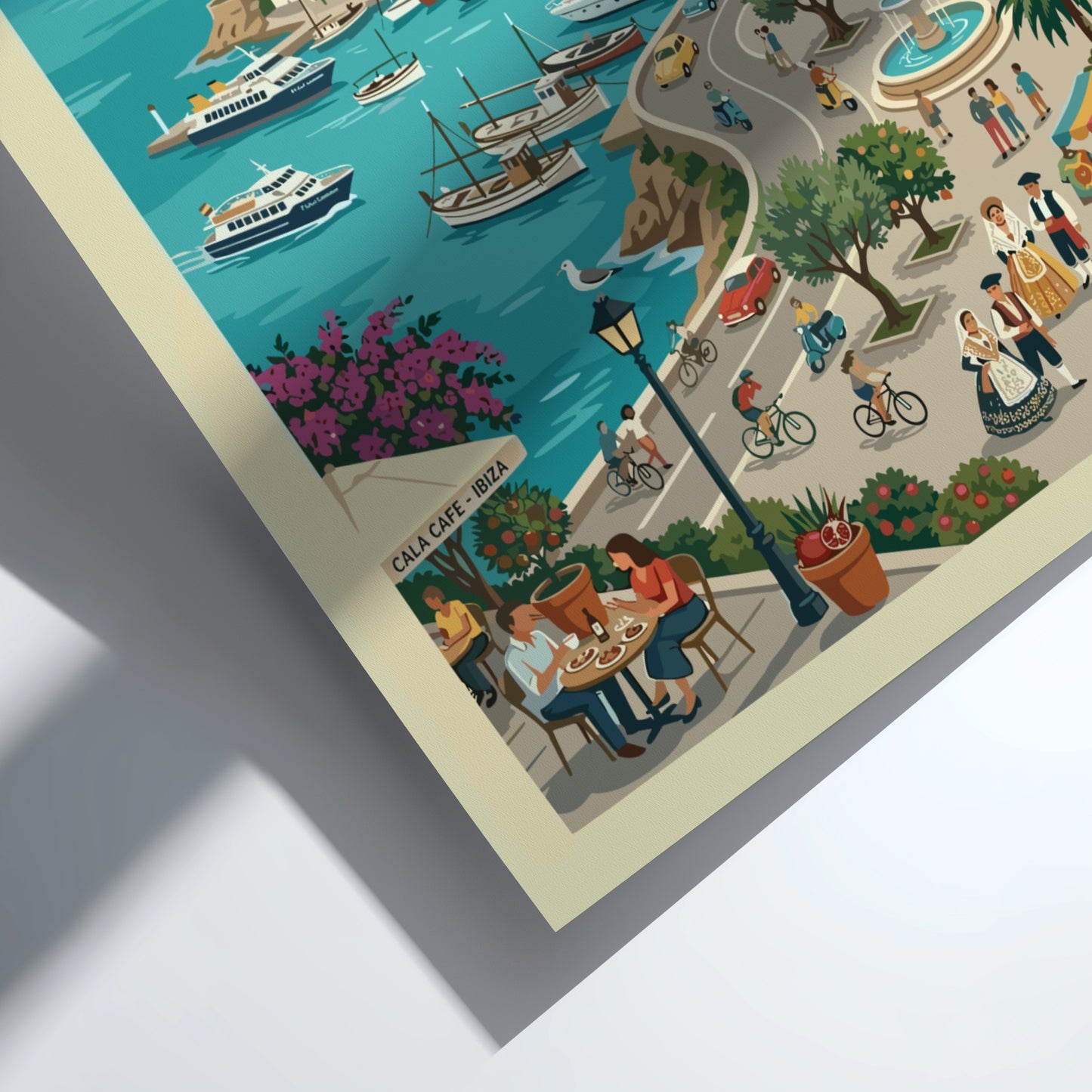 Ibiza Spain travel poster featuring a coastal town with boats and buildings. Vintage style.