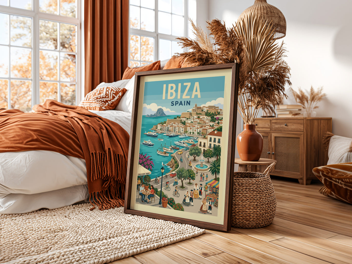 Ibiza Spain travel poster featuring a coastal town with boats and buildings. Vintage style.