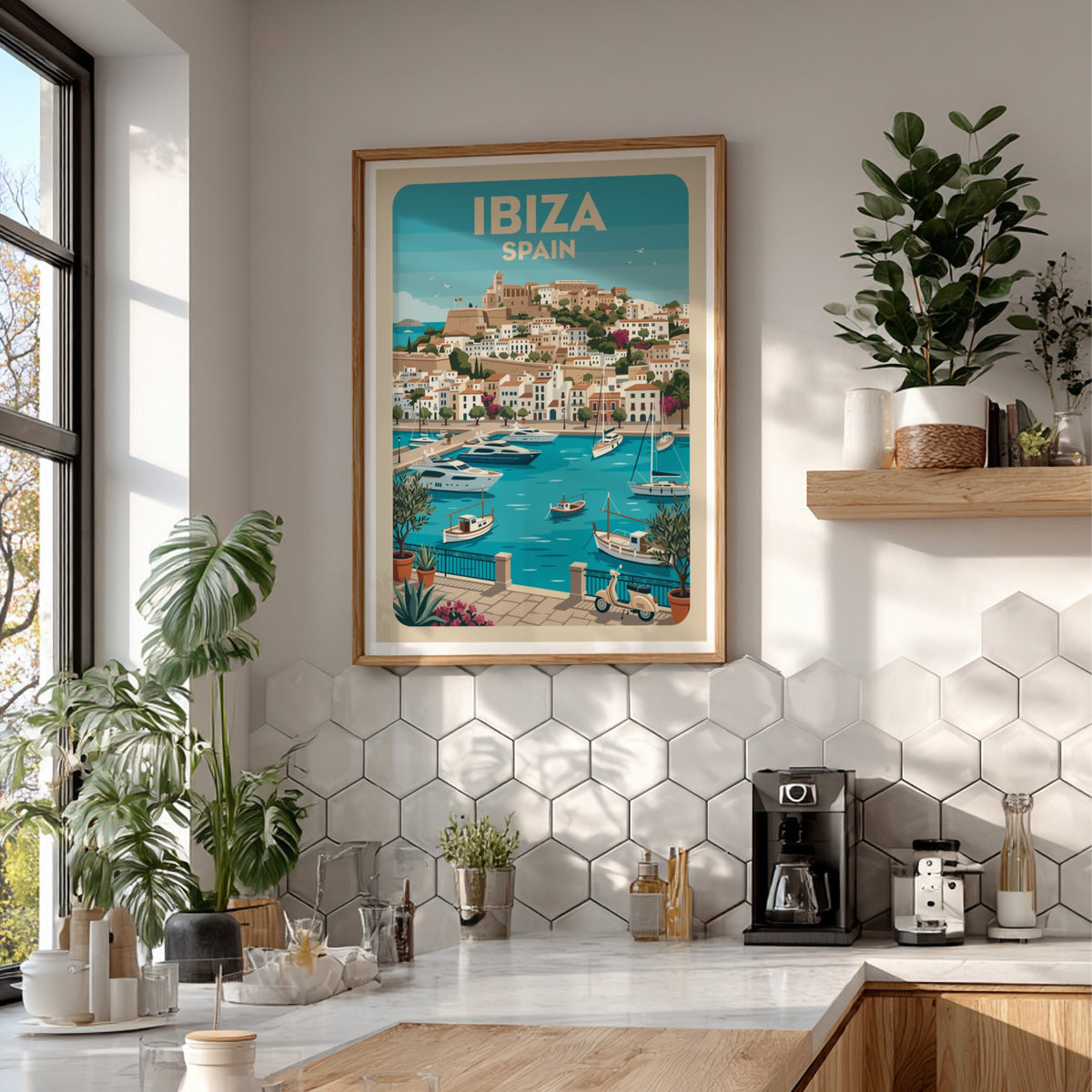 Ibiza Spain travel poster featuring a Mediterranean harbour with yachts and hillside buildings