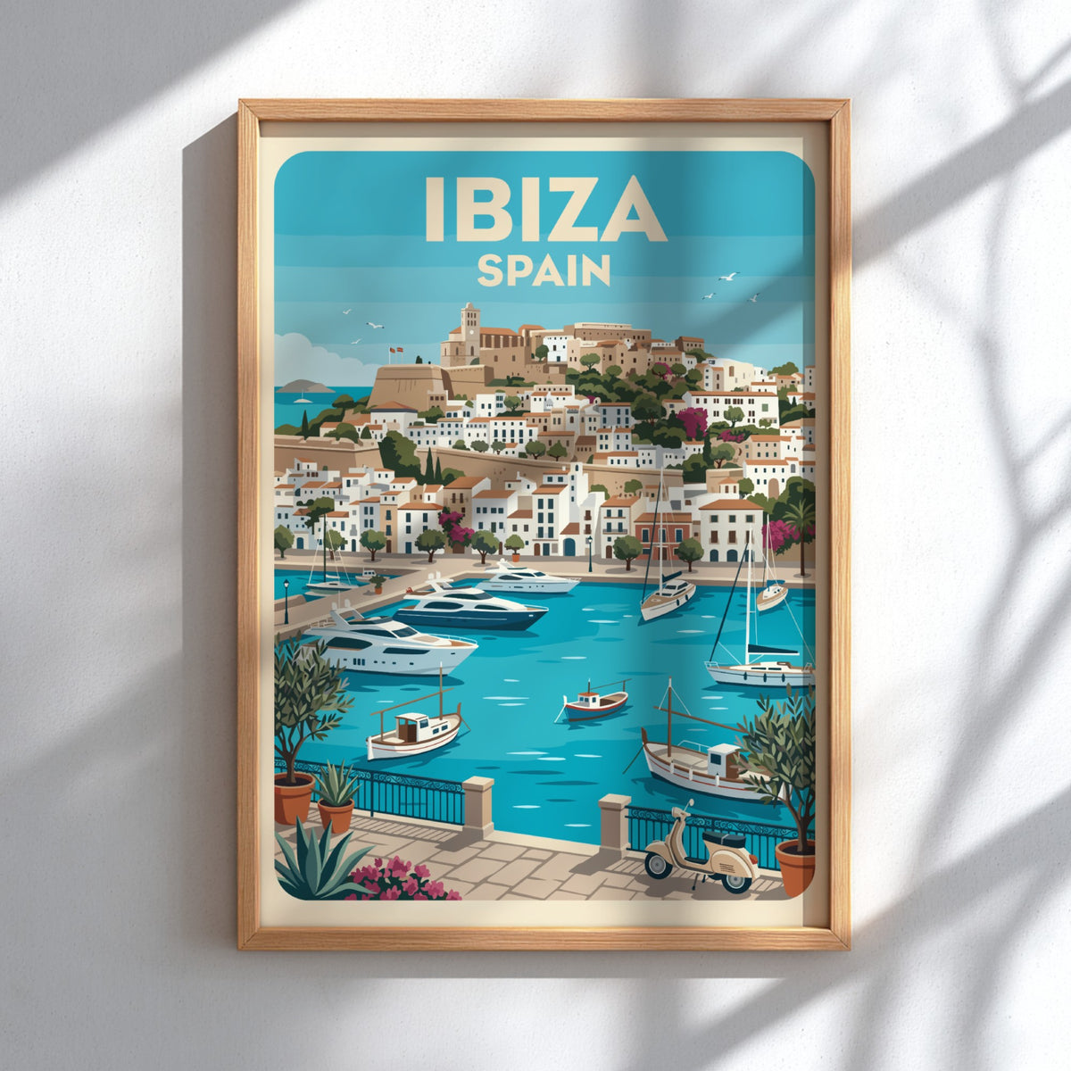 Ibiza Spain travel poster featuring a Mediterranean harbour with yachts and hillside buildings