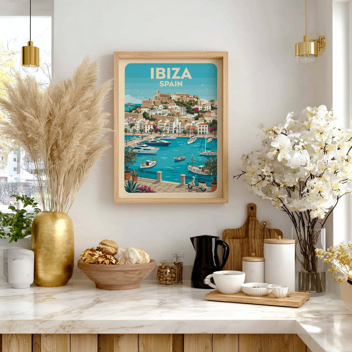 Ibiza Spain travel poster featuring a Mediterranean harbour with yachts and hillside buildings