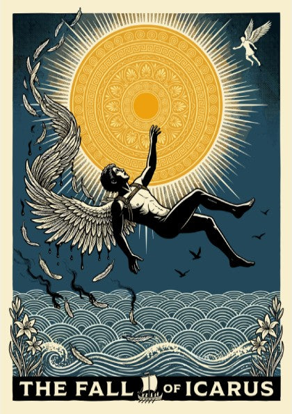 The Fall of Icarus Greek mythology poster, featuring a man falling with melting wings near a sun and waves.