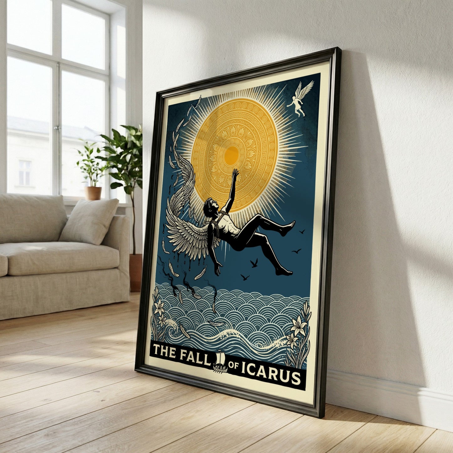 The Fall of Icarus Greek mythology poster, featuring a man falling with melting wings near a sun and waves.