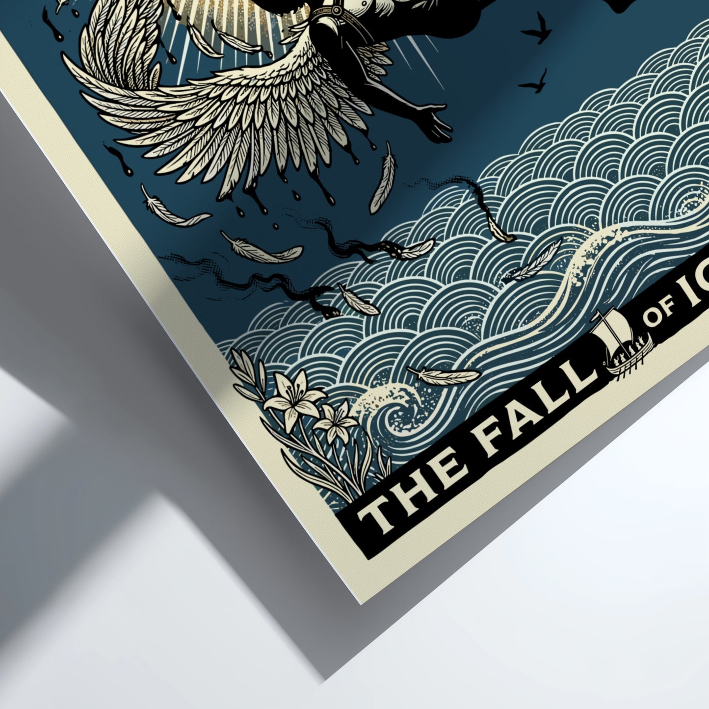The Fall of Icarus Greek mythology poster, featuring a man falling with melting wings near a sun and waves.