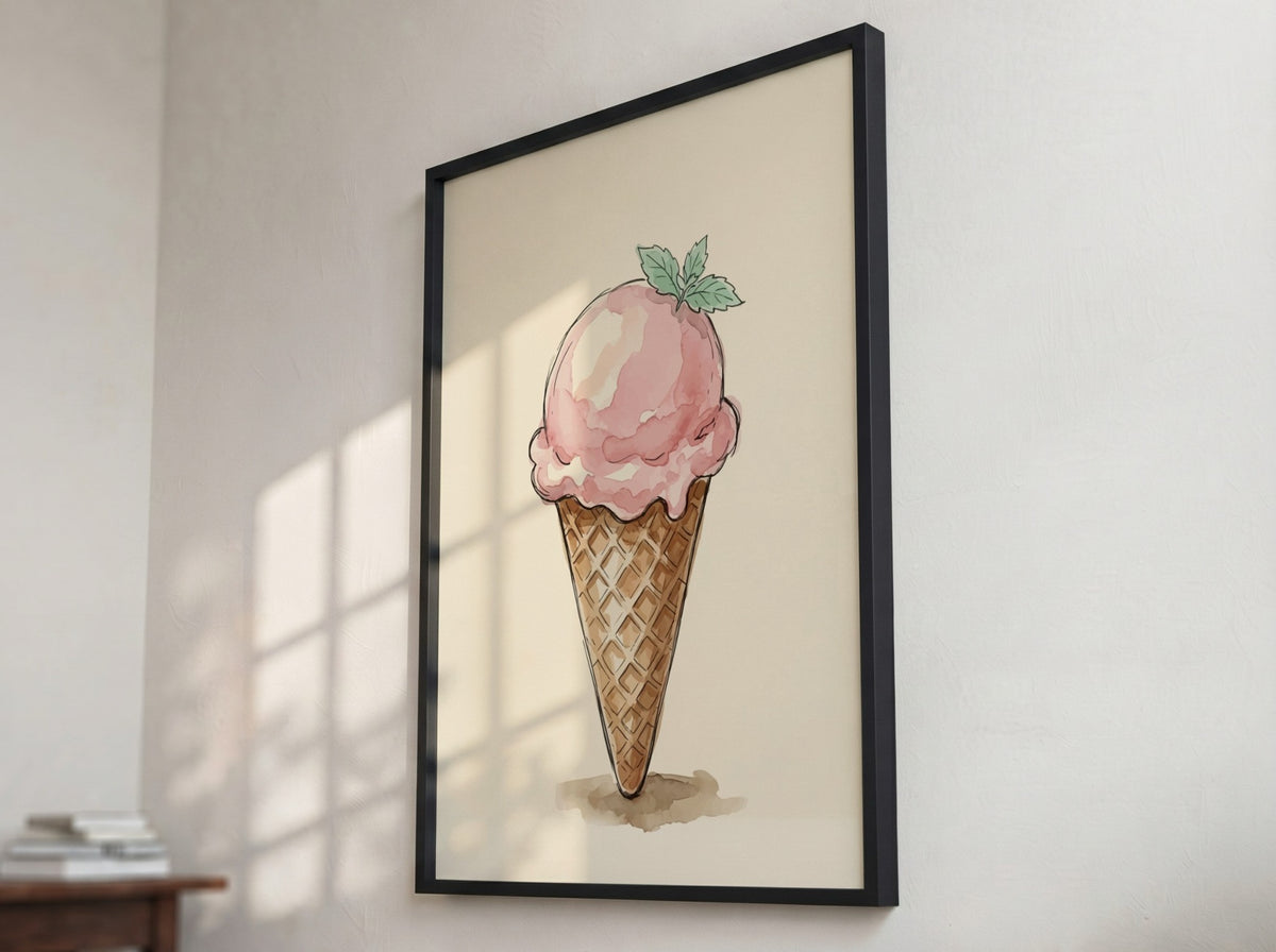 Poster featuring a watercolour strawberry ice cream cone with mint leaves on cream background