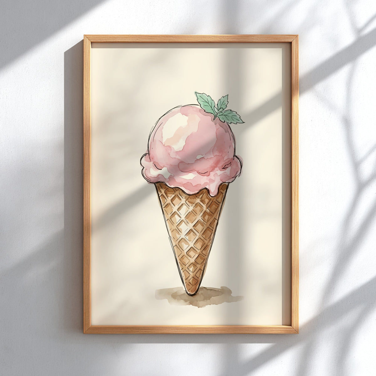 Poster featuring a watercolour strawberry ice cream cone with mint leaves on cream background