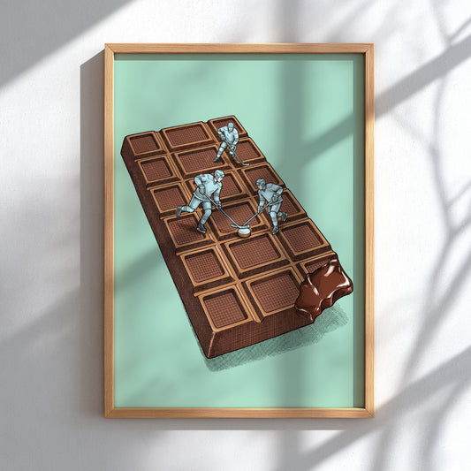Poster showing three hockey players skating and competing on a textured milk chocolate bar.