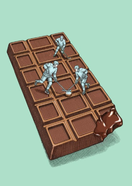 Poster showing three hockey players skating and competing on a textured milk chocolate bar.