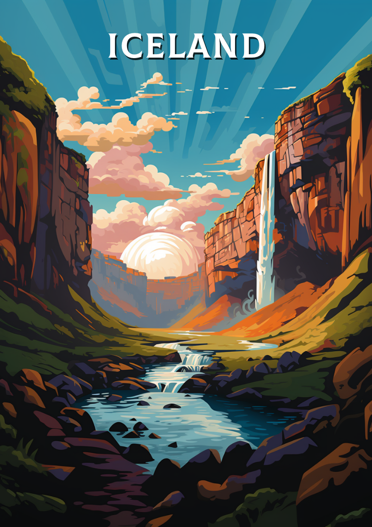 Europe ICELAND TRAVEL PRINT - ICELAND WATERFALL