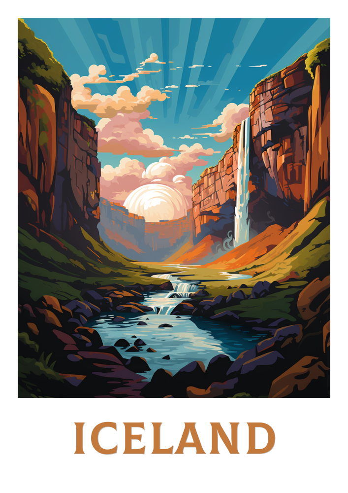 Europe ICELAND TRAVEL POSTER - ICELAND WATERFALL