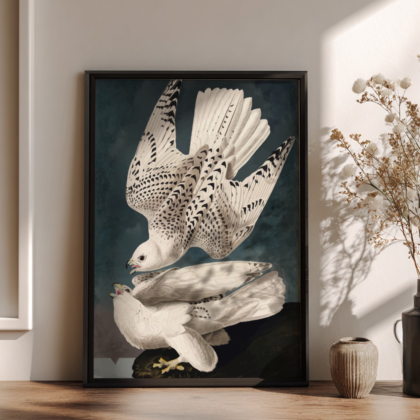 Iceland or Jer Falcon poster featuring white feathers and black markings, vintage art style for nature decor